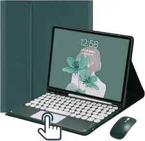 iPad 9th 8th 7th Generation 10.2 inch iPad Air 3 Pro 10.5 Touchpad Keyboard Case Retro Round Key with Mouse Cute Color Keyboard with Trackpad Detachable Touch Keyboard iPad 9 8 7 Cover (DarkGreen)