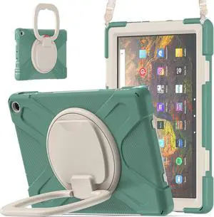 360 deg Rotation Portable Case for Fire HD 10 & 10 Plus Tablet(11th Generation, 2021 Release Rugged Case Rotating Stand Hand Strap Shoulder Carrying Strap Outdoor Cover (DarkGreen)