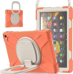 360 deg Rotation Portable Case for Fire HD 10 & 10 Plus Tablet(11th Generation, 2021 Release Rugged Case Rotating Stand Hand Strap Shoulder Carrying Strap Outdoor Cover (Orange)