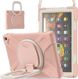 360 deg Rotation Portable Case for Fire HD 10 & 10 Plus Tablet(11th Generation, 2021 Release Rugged Case Rotating Stand Hand Strap Shoulder Carrying Strap Outdoor Cover (Rose Gold)