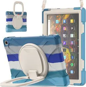 360 deg Rotation Portable Case for Fire HD 10 & HD 10 Plus Tablet(11th Generation, 2021 Release Rugged Case Rotating Stand Hand Strap Shoulder Carrying Strap Outdoor Cover (Colourful Blue)