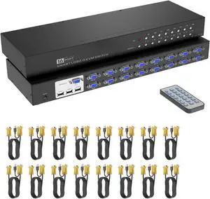 16 Port KVM Switch,Yinker Rack KVM Console VGA 16x1 w/16-Pack Cables IR Remote & Ears Support HD 1080P 1U Rack Cabinet