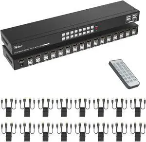 Yinker 16 Port KVM Switch HDMI, 4K@30Hz HDMI Rack Mount KVM Switch w/ 16 Pcs KVM Cables, Support 4 USB 2.0 Devices & HDCP 2.2 & Remote Control for 16 Computers/Servers
