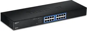 TRENDnet - TEG-S16G 16-Port Unmanaged Gigabit GREENnet Switch, TEG-S16G, 16 x RJ-45 Ports, 32 Gbps Switching Capacity, Fanless, Rack Mountable, Network Ethernet Switch, Lifetime Protection Black