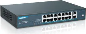YuanLey 16 Port PoE Switch with 2 Gigabit Uplink, 16 PoE+ Port 10/100Mbps Network Switch, 802.3af/at Compliant, Durable Metal with 250W High Power, Unmanaged Plug and Play