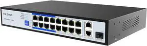 ENS 18 Ports PoE Switch, 16 PoE 250W, 1000 Mbps 800 ft, Standard IEEE 802 3i/3u/3x/af/at Protocol, 30W max Power Every Single Port, Extend Mode, Perfect for IP Camera System, Wireless AP, IP Phone