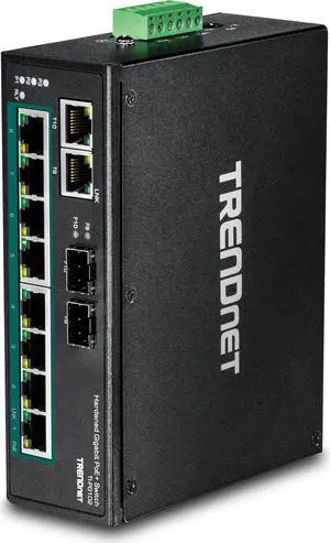 TRENDnet 10-Port Industrial Gigabit PoE+ DIN-Rail Switch, 8 x Gigabit PoE+ Ports, DIN-Rail Mount, 2 x SFP Slots, 240W PoE Power Budget, Network Switch, IP30, QoS, Lifetime Protection, Black, TI-PG102