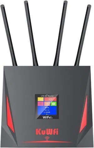KuWFi 4G Router with sim Card Slot, 4g Router Unlocked Equipped with 2GB Free Data Support 4G to WiFi/4G to Wired Port Forwarding High gain 4pcs External Antennas for Long Range 4G Signal