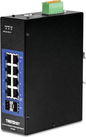 TRENDnet 10-Port Industrial Gigabit L2 Managed DIN-Rail Switch, TI-G102i, 8 X Gigabit, 2 X SFP Slots, DIN-Rail Mount, IP30, Ethernet Splitter, NDAA & TAA Compliant, Lifetime Protection, Black