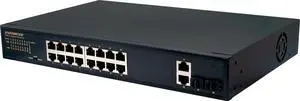 Seco-Larm NS-516UT-GAQ Enforcer 16-Port Unmanaged PoE Switch; Plug-and-Play Installation; Supports up to 10/100/1000B-T; IEEE 802.3X Flow Control; 100/240 VAC; 16 Downlink, 2 uplink, 2 SFP Ports