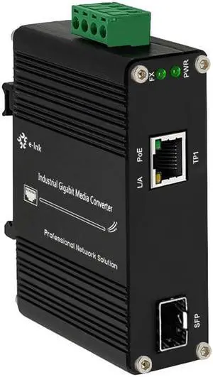 E-link Industrial Gigabit 60W PoE Media Converter Hardened Ultra PoE++ Ethernet Fiber Media Converter 100/1000Base-SX SFP Din Rail Mount Aluminum Housing -40 75 C