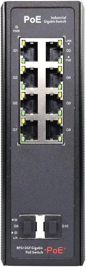 AIGWS 10-Port Gigabit Industrial PoE Fiber Switch, DC48-57V, DIN Rail Ethernet Switch with 8 PoE Port and 2 SFP Port (LC, Optional multimode/singlemode Optical Module)