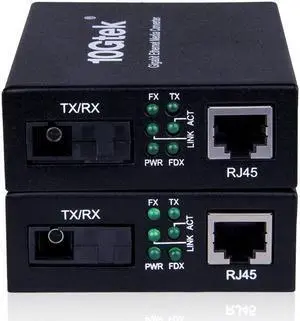 A Pair of Gigabit Ethernet Single-Mode SC Fiber Bidi Media Converter, Built-in BiDi SFP B LX Fiber Module, 1310nm/1550nm, SMF, up to 20-KM, SC Fiber to 10/100/1000Base-TX (UTP/STP/Cat5e/Cat6 RJ45)