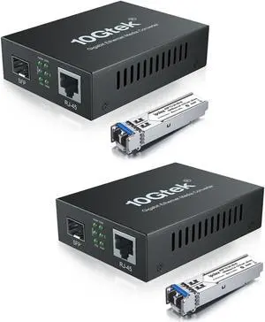 A Pair of Gigabit Single-Mode LC Fiber to Ethernet Media Converter (SFP LX Modules Included),1.25G Fiber Media Converter, 1000Base-LX to 10/100/1000Base-TX, 1310nm, SMF, Transmission up to 20-KM