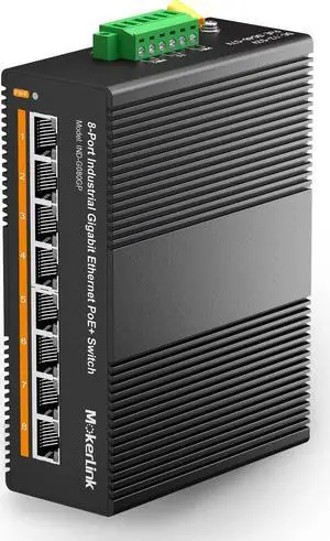 MokerLink 8 Port PoE Gigabit Industrial DIN-Rail Ethernet Switch, 96W PoE+ Power, 16Gbps Switching Capacity, IP40 Rated Unmanaged Network Switch (-40 to 185°F), with Power Supply