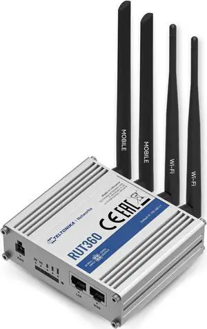 Teltonika RUT360100100 Industrial 4G LTE Cat6 Cellular Router, 4G LTE Wi-Fi Router with DI/DO, Advanced VPN, Certified by Verizon/AT&T/T-Mobile