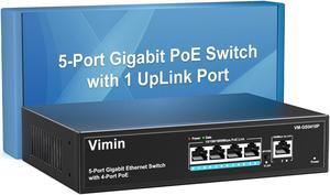 VIMIN 4 Port Gigabit PoE Switch with 1 Uplink Gigabit Ports, 5 Port Unmanaged Ethernet PoE Switch with 72W Power, Support IEEE802.3af/at, VLAN, Metal Housing, Desktop or Wall-Mount, Plug & Play