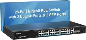 VIMIN 24 Port Gigabit PoE Switch with 2 Uplink Gigabit & 2 SFP Ports, 24-Port Ethernet PoE Switch Unmanaged w/ 320W High Power, Support IEEE802.3af/at, VLAN, Rack-Mount, Sturdy Metal Housing