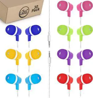 JustJamz Bulk Earbuds Bubbles 30 Pack of Colorful in-Ear Earbuds Mixed Colors Pack of Wired in-Ear Earphones Compatible with Smartphones for Schools, Kids, Classrooms & Libraries