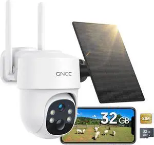 GNCC 4G LTE Cellular Security Camera, 2K Solar Outdoor Camera Wireless, No WiFi Security Camera, Color Night Vision, Spotlight, 2-Way Audio, PIR Motion, PTZ, Includes 32GB SD&SIM Card, US Version
