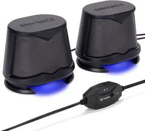 ENHANCE SB2 Computer Speakers with Blue LED Light, 2.0 USB Powered Stereo - Speakers for PC, Work from Home Accessories, Surround Sound with 3.5mm Plug - Compatible with Gaming Laptop, Desktop