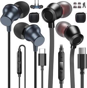 2 Pack USB C Headphones Wired Earbuds for iPhone 15 Pro Max in-Ear Noise Canceling Type C Earphones Microphone Volume Control for Google Pixel 8 Pro Samsung S23 Ultra iPhone 15 Black Navy Blue