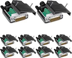 ANMBEST 10PCS DB15 Solderless Connector, RS232 D-SUB Serial to 15-pin Port 16mm Thinner Terminal Male Adapter Breakout Board with Case Long Bolts Nuts