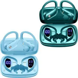 bmani 2 Sets Wireless Earbuds Bluetooth Headphones 48hrs Play Back Sport Earphones with LED Display Over-Ear Buds with Earhooks Built-in Mic Headset for Workout Sky Blue+Green