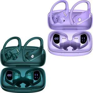 bmani 2 Sets Wireless Earbuds Bluetooth Headphones 48hrs Play Back Sport Earphones with LED Display Over-Ear Buds with Earhooks Built-in Mic Headset for Workout Green+Purple