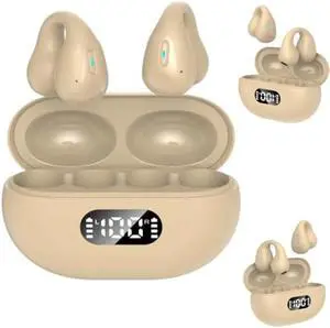 Wireless Ear-Clip Headphones for Android iPhone with Bone Conduction and Clear Headphones, Bluetooth 5.3 US, Open Ear Headphones Wireless for Cycling Driving and Running, Clip Earbud Earrings (Khaki)