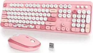 iTastatur Typewriter Wireless Keyboard and Mouse Combo,2.4G Office 104 Keys Full-Sized Retro Punk Keyboard,Cute Pink Keyboard with Round Keycaps for Laptop PC Desktops(Bear pink)