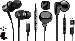 Usb C Headphone Type C Earphones +USB Adapter HiFi Stereo USB Headset with Mic for Laptop In Ear Computer Headset for iPhone 15 Pro Max Samsung A54 A53 S24 S23 FE Pixel 8 7 6 6a 7a Windows PC MAC OS X