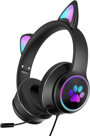 HONUTIGE Gaming Headset Cat Ear Headphone with RGB LED Light Microphone Stereo Sound Glowing Over-Ear Gaming Headsets for Kids and Adult