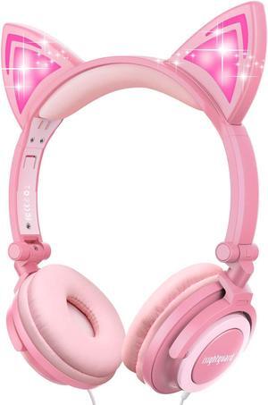 isightguard Kids Headphones, Wired Headphones On Ear, Cat Ear Headphones with LED for Girls, 3.5mm Audio Jack for Cell Phone (Peach)