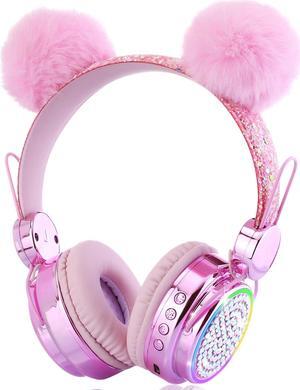 KORABA Kids Bluetooth Headphones with Microphone for School, LED Light Up Wireless Girls Headphones for Study/Tablet/Airplane/Online Learning (Pink)
