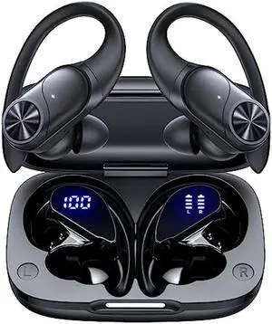 PocBuds Bluetooth Headphones Wireless Earbuds 80hrs Playtime Wireless Charging Case Digital Display Sports Ear buds with Earhook Deep Bass IPX7 Waterproof Over-Ear Earphones for TV Phone Laptop Black
