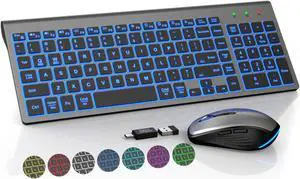 SABLUTE Wireless Keyboard and Mouse Combo Backlit - Compact Quiet Keyboard with RGB Mouse, Rechargeable, Slim, Sleep Mode, Portable Cordless Keyboard Mouse Set for Mac, Windows, Laptop (Space Gray)
