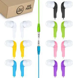 JustJamz Bulk Earbuds Jelly Roll | 100 Pack of Colorful in-Ear Earbuds, Wired Earphones for Smartphones & Laptop, Disposable Headphones for Kids & Adults, Assorted Colors