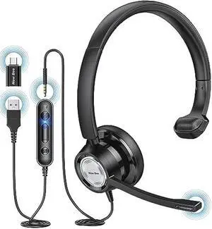 New bee USB Headset with Microphone for PC Computer Headset, Single Ear USB Headphones with 3.5mm/USB/Type C for Call Center Skype Zoom Tablet Laptop
