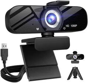 Full HD Webcam with Built-in Microphone and Rotatable Tripod, 1080P Video and Wide Angle Camera, Privacy Cover, for Desktop PC or Laptop Computer