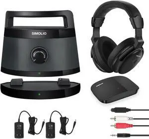 SIMOLIO Wireless TV Speakers & Over-Ear Wireless TV Headphones for Seniors, Hard of Hearing with Voice Highlighting, Tone Control, No Delay, 100ft Range