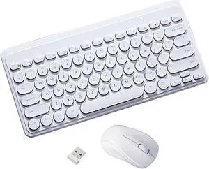 Keyboard and Mouse Combo,2.4G Wireless 79 Cute Round Keys Small Keyboards Silent and 1600 DPI Optical Mice Set (White)