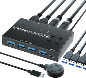 USB 3.0 Switch 4 Computers, KVM Switch 4 Computers Sharing 4 USB Devices, 3.0 Switch for Keyboard Mouse Switch,USB Switcher Compatible with Mac/Windows/Linux,Wired Remote and 4 USB 3.0 Cable Included