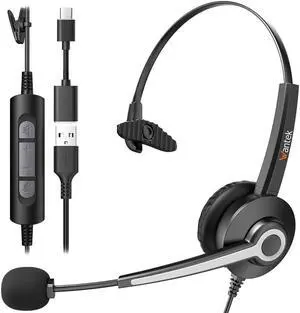 Wantek Monaural Corded USB Headsets with Noise Cancelling Mic and in-line Controls, UC Business Headset for Skype, SoftPhone, Call Center