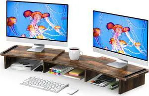 Zimilar Dual Monitor Stand Riser, with Adjustable Length and Angle, Wood for Desk, Riser 2 Monitors Storage Space (Rust Brown Large)