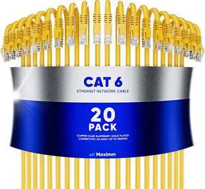 Maximm Cat 6 Ethernet Cable 3 ft (20-Pack) - High-Speed LAN Cable, Internet Cable, Patch Cable, and Network Cable - UTP, 10Gbps, 550MHz Ethernet Cord - Yellow