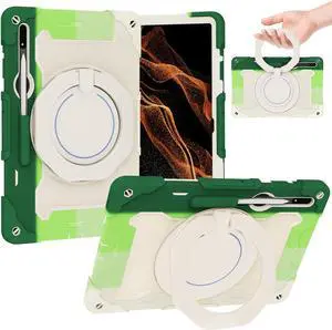 Dteck Galaxy Tab S8 Ultra Case, Heavy Duty Rugged Military Grade Shockproof Case with S-Pen Holder & Kickstand, Rainbowgreen