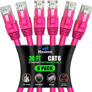 Maximm Cat 6 Ethernet Cable 30 ft (6-Pack) - High-Speed LAN Cable, Internet Cable, Patch Cable, and Network Cable - UTP, 10Gbps, 550MHz Ethernet Cord - Pink
