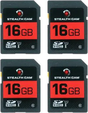 STEALTH CAM SD Card - High-Speed Data Transferring Storage Game Trail Hunting Scouting Photo Video Recording Cameras, 16GB SD Card (4 Pack)