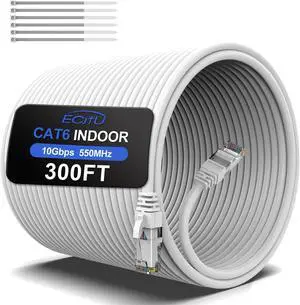 300FT Cat6 Ethernet Cable, Cat 6 Patch Cable, Cat6 Internet Cable, UTP Network Cable, Indoor and Outdoor, PoE, 24AWG CCA, Compatible for PC, Laptop, Router, Switch, Server, with 25 Cable Ties - White